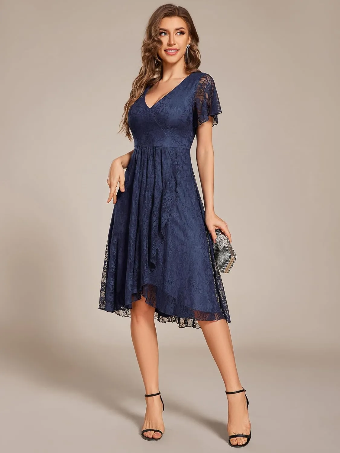 Ever-Pretty Women's V Neck Short Sleeves Lace A Line Hi-Lo Midi Semi Formal Dress 02489