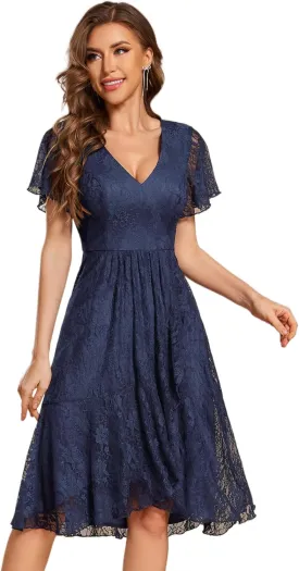 Ever-Pretty Women's V Neck Short Sleeves Lace A Line Hi-Lo Midi Semi Formal Dress 02489