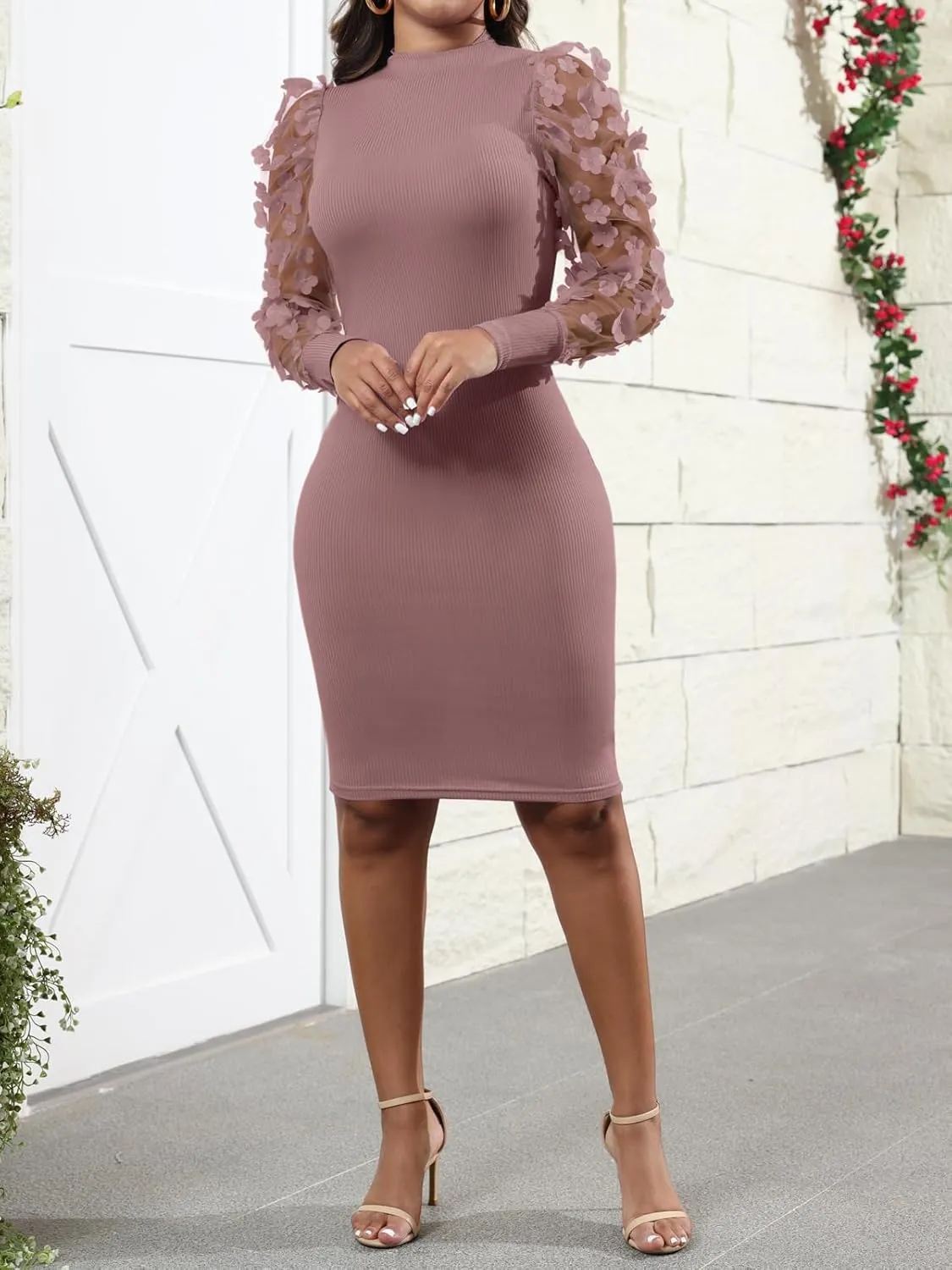 Fastkoala Women's Sexy Ribbed Bodycon Dress Lace Long Sleeve Slim Fit Midi Dress Turtle Neck Night Club Party Dresses