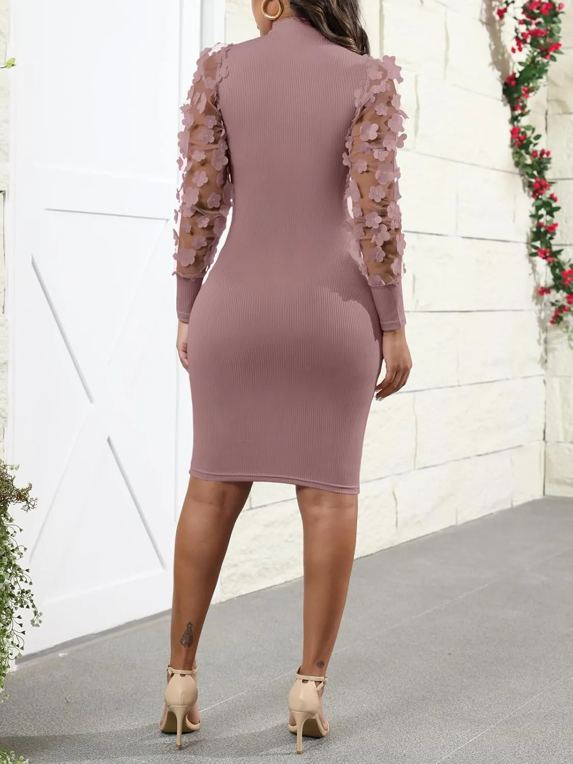 Fastkoala Women's Sexy Ribbed Bodycon Dress Lace Long Sleeve Slim Fit Midi Dress Turtle Neck Night Club Party Dresses
