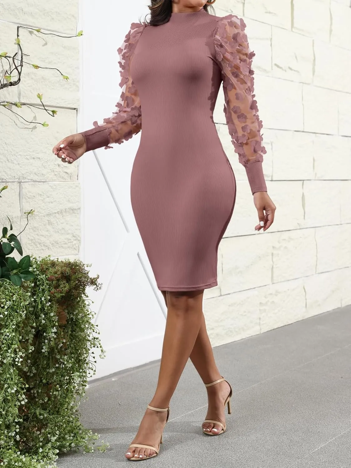 Fastkoala Women's Sexy Ribbed Bodycon Dress Lace Long Sleeve Slim Fit Midi Dress Turtle Neck Night Club Party Dresses