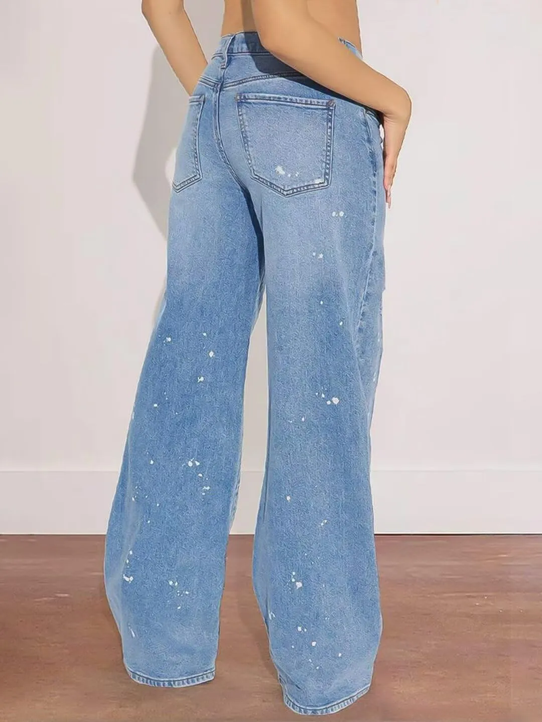Flamingals Women's Wide Leg Baggy Boyfriend Jeans Layered Mid Waisted Stretchy Wash Ripped Detail Denim Jeans