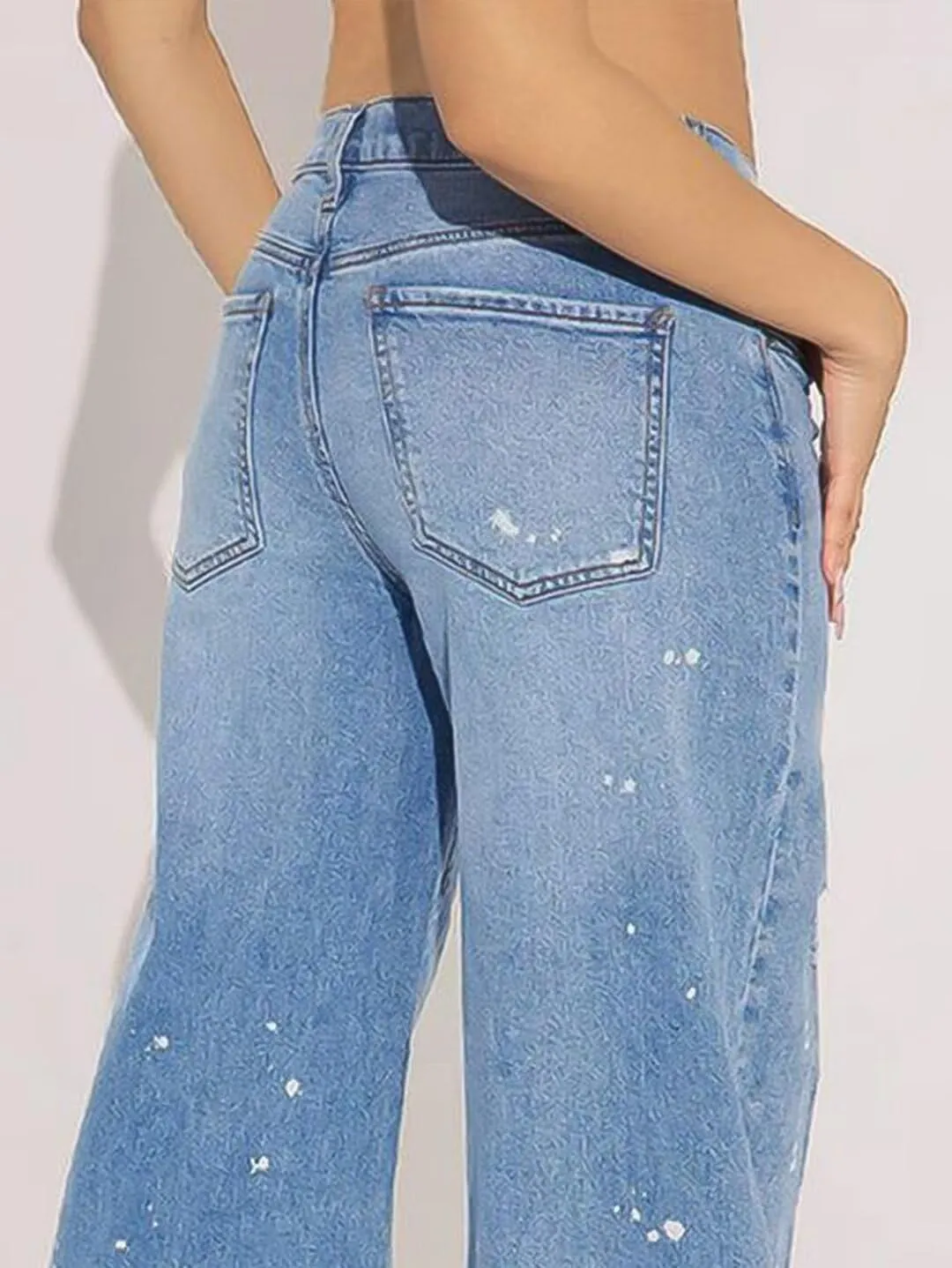 Flamingals Women's Wide Leg Baggy Boyfriend Jeans Layered Mid Waisted Stretchy Wash Ripped Detail Denim Jeans