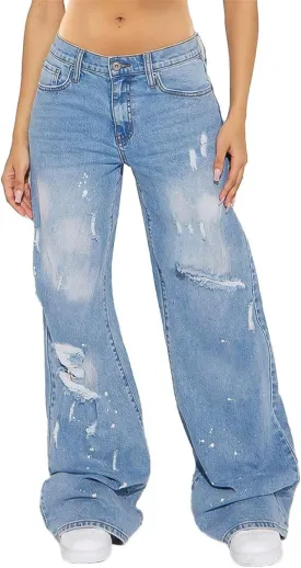 Flamingals Women's Wide Leg Baggy Boyfriend Jeans Layered Mid Waisted Stretchy Wash Ripped Detail Denim Jeans