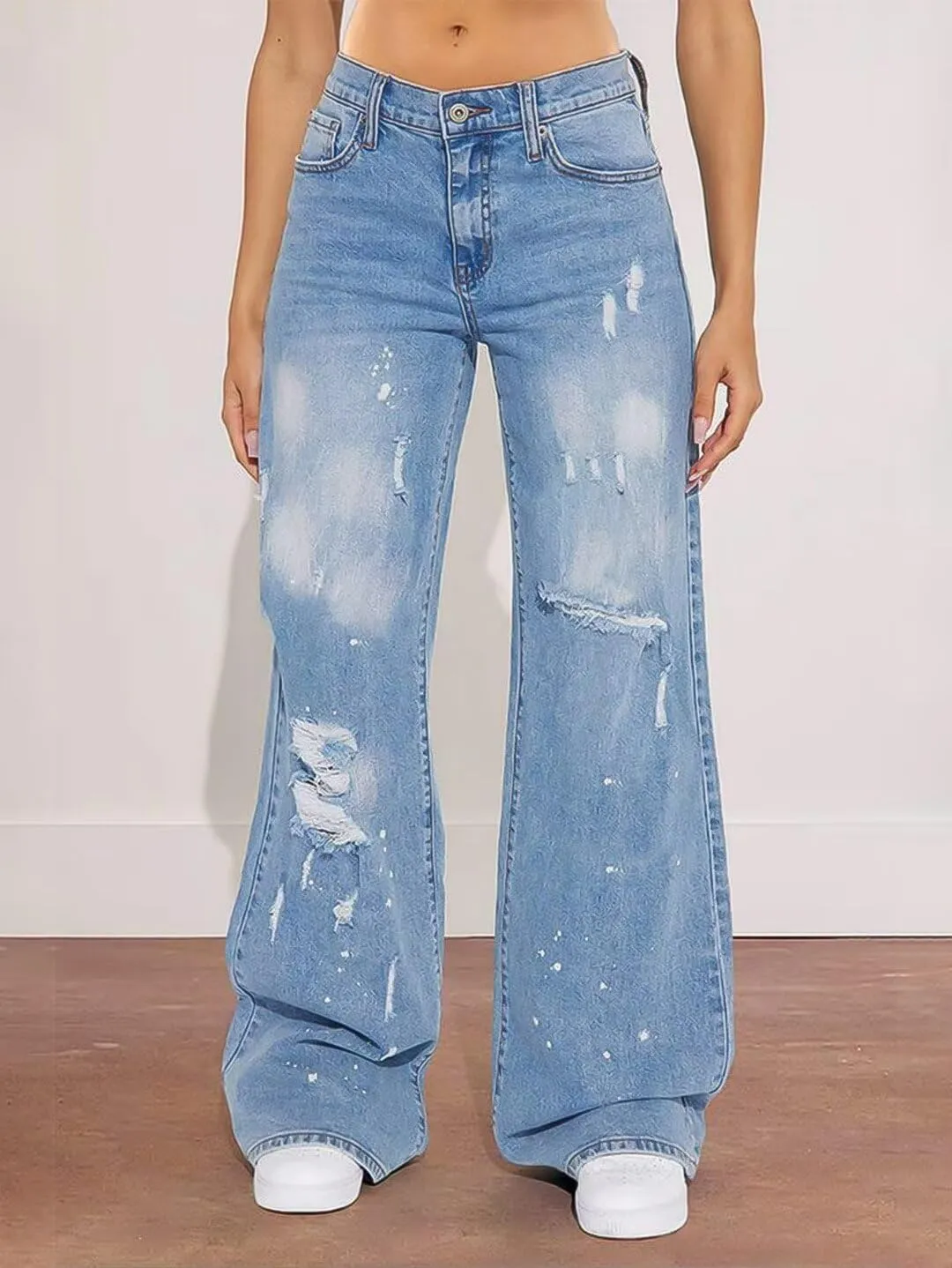 Flamingals Women's Wide Leg Baggy Boyfriend Jeans Layered Mid Waisted Stretchy Wash Ripped Detail Denim Jeans