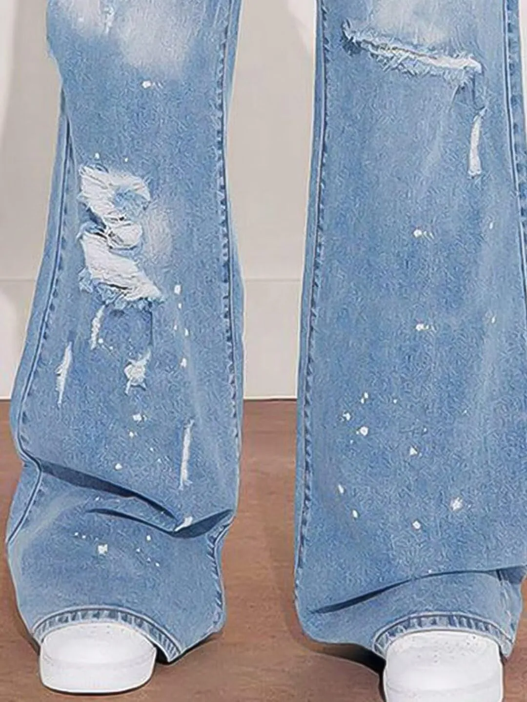 Flamingals Women's Wide Leg Baggy Boyfriend Jeans Layered Mid Waisted Stretchy Wash Ripped Detail Denim Jeans
