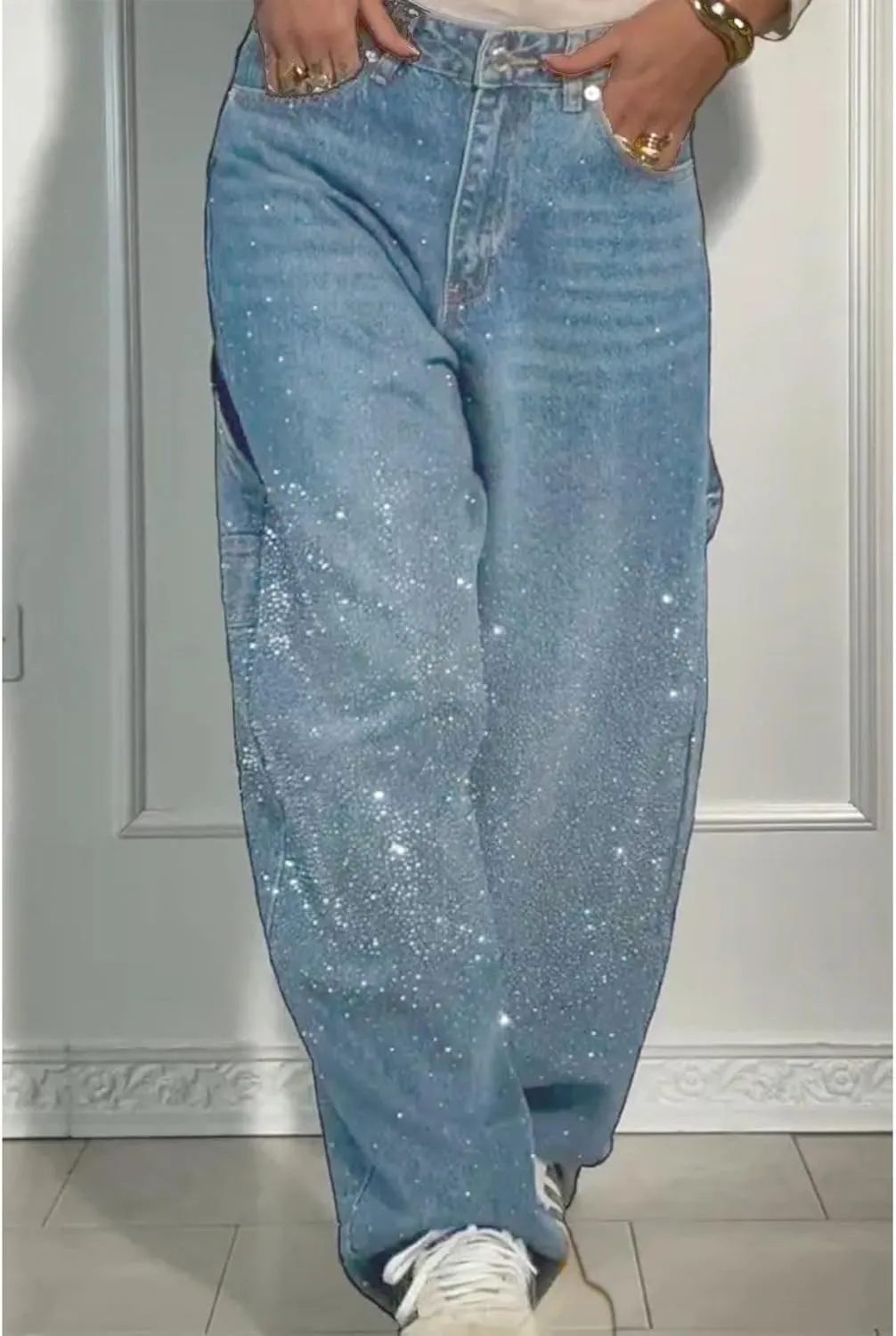 High Waisted Baggy Jeans for Women Diamond Straight Loose Jeans Fashion Vintage Boyfriend Denim Pants