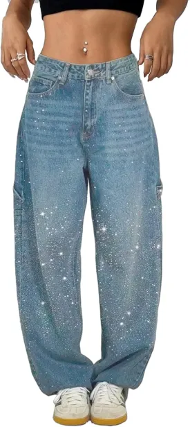 High Waisted Baggy Jeans for Women Diamond Straight Loose Jeans Fashion Vintage Boyfriend Denim Pants