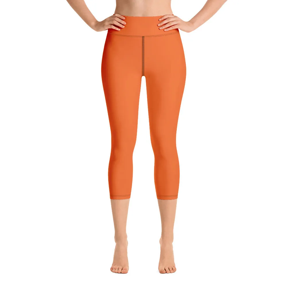 Hot Orange Yoga Capri Leggings, Solid Orange Color Women's Capris Tights-Made in USA/EU/MX