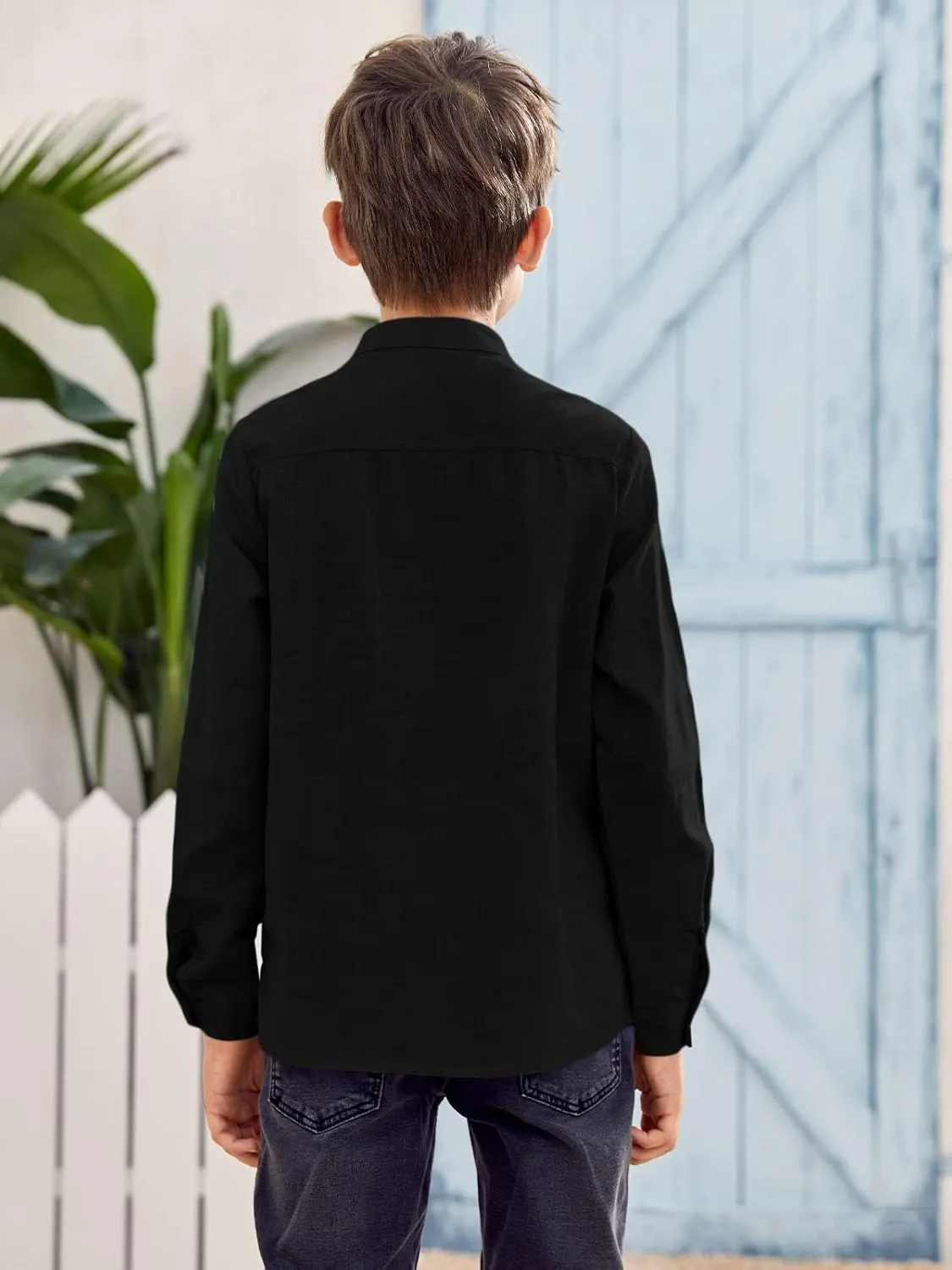 Inorin Boys Linen Shirt Button Up Henley Long Sleeve Dress Shirts Cotton Lightweight Tees Tops with One Pocket