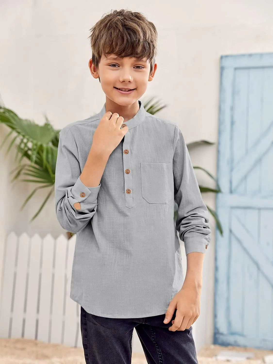 Inorin Boys Linen Shirt Button Up Henley Long Sleeve Dress Shirts Cotton Lightweight Tees Tops with One Pocket