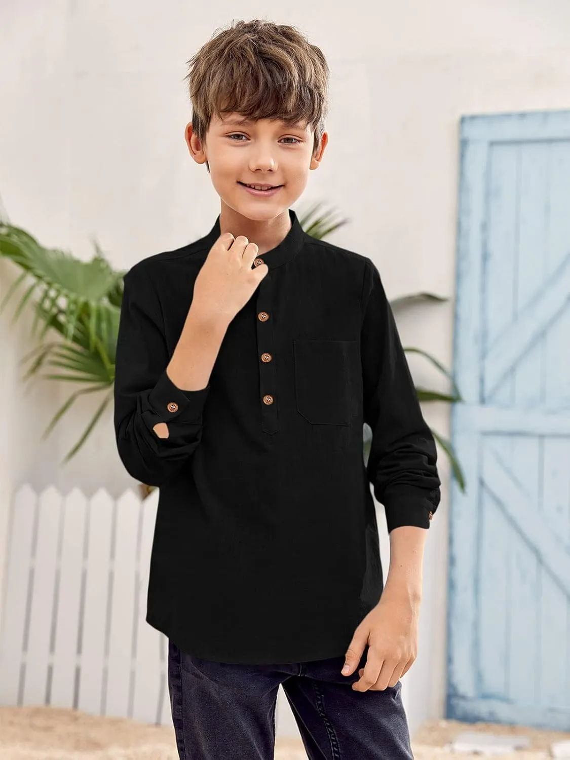 Inorin Boys Linen Shirt Button Up Henley Long Sleeve Dress Shirts Cotton Lightweight Tees Tops with One Pocket