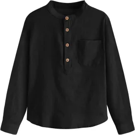 Inorin Boys Linen Shirt Button Up Henley Long Sleeve Dress Shirts Cotton Lightweight Tees Tops with One Pocket