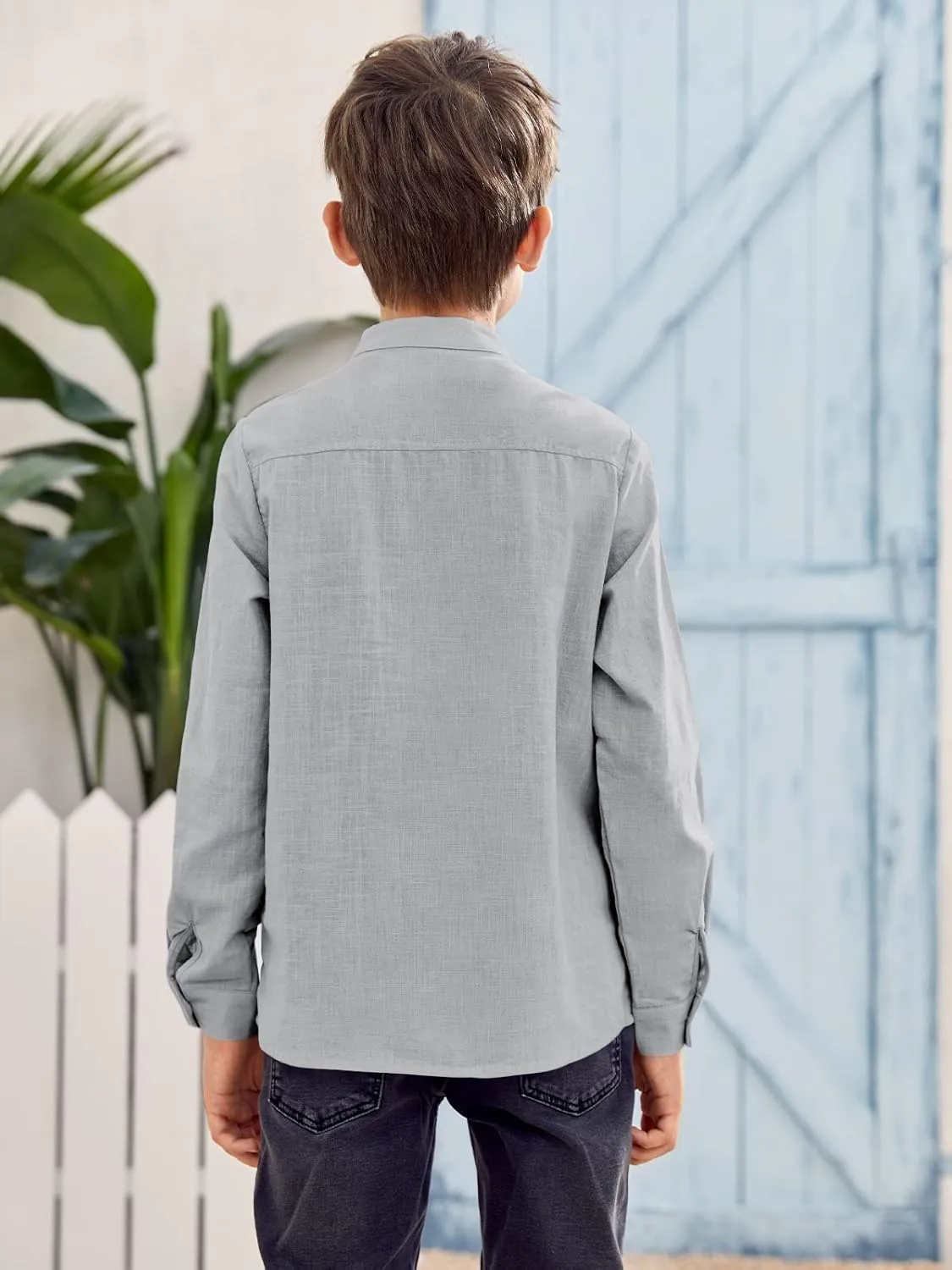 Inorin Boys Linen Shirt Button Up Henley Long Sleeve Dress Shirts Cotton Lightweight Tees Tops with One Pocket