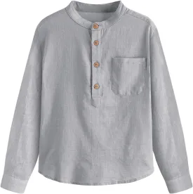 Inorin Boys Linen Shirt Button Up Henley Long Sleeve Dress Shirts Cotton Lightweight Tees Tops with One Pocket
