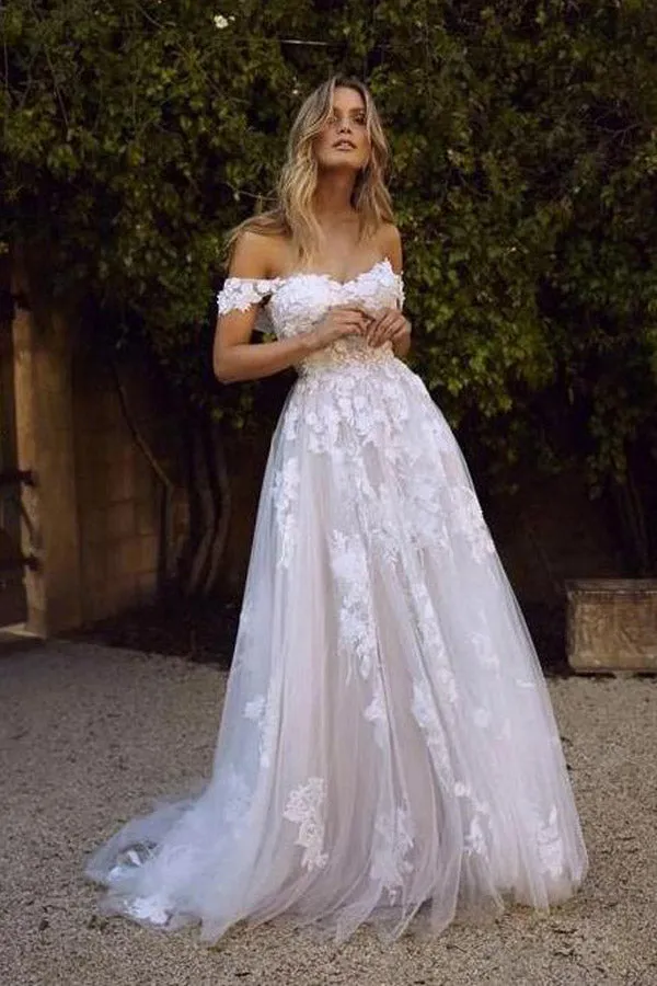 Ivory Tulle A Line Off The Shoulder Wedding Dress With Lace Appliques