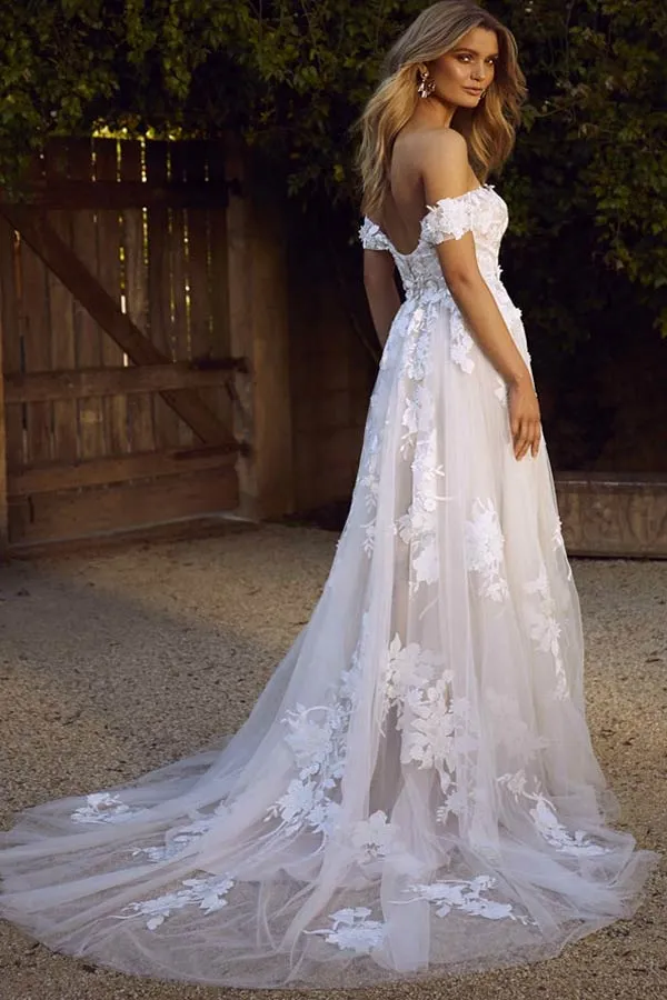 Ivory Tulle A Line Off The Shoulder Wedding Dress With Lace Appliques