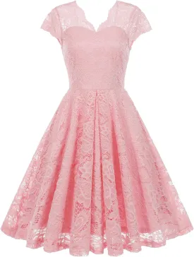 IWEMEK Women Cap Sleeve Floral Lace Elegant Cocktail Dress V Neck Knee Length A Line Wedding Guest Bridesmaid Dresses