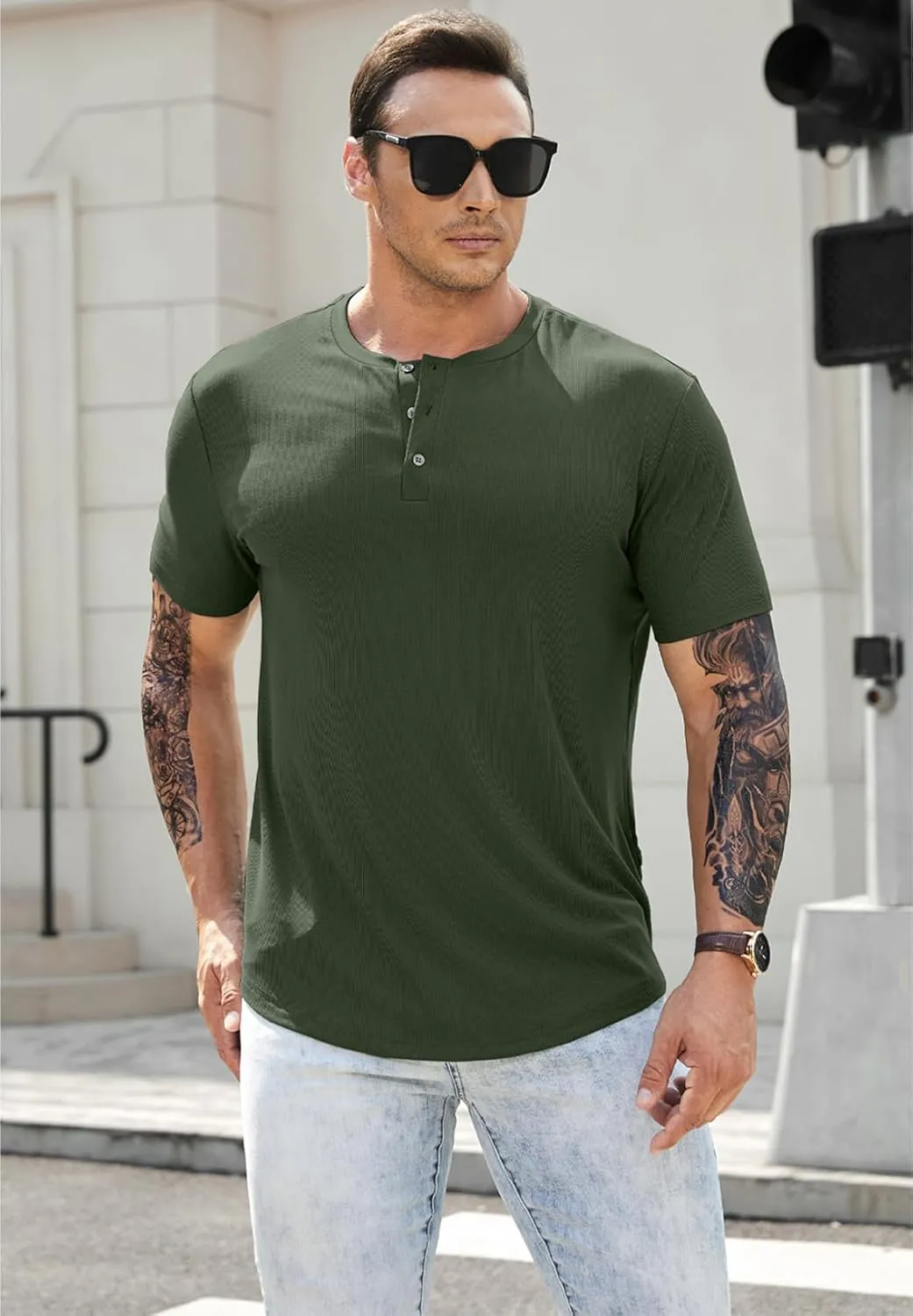 JMIERR Men's Muscle Slim Henley Shirts Crewneck Longline T-Shirt Gym Workout Athletic Shirt Tees with Button