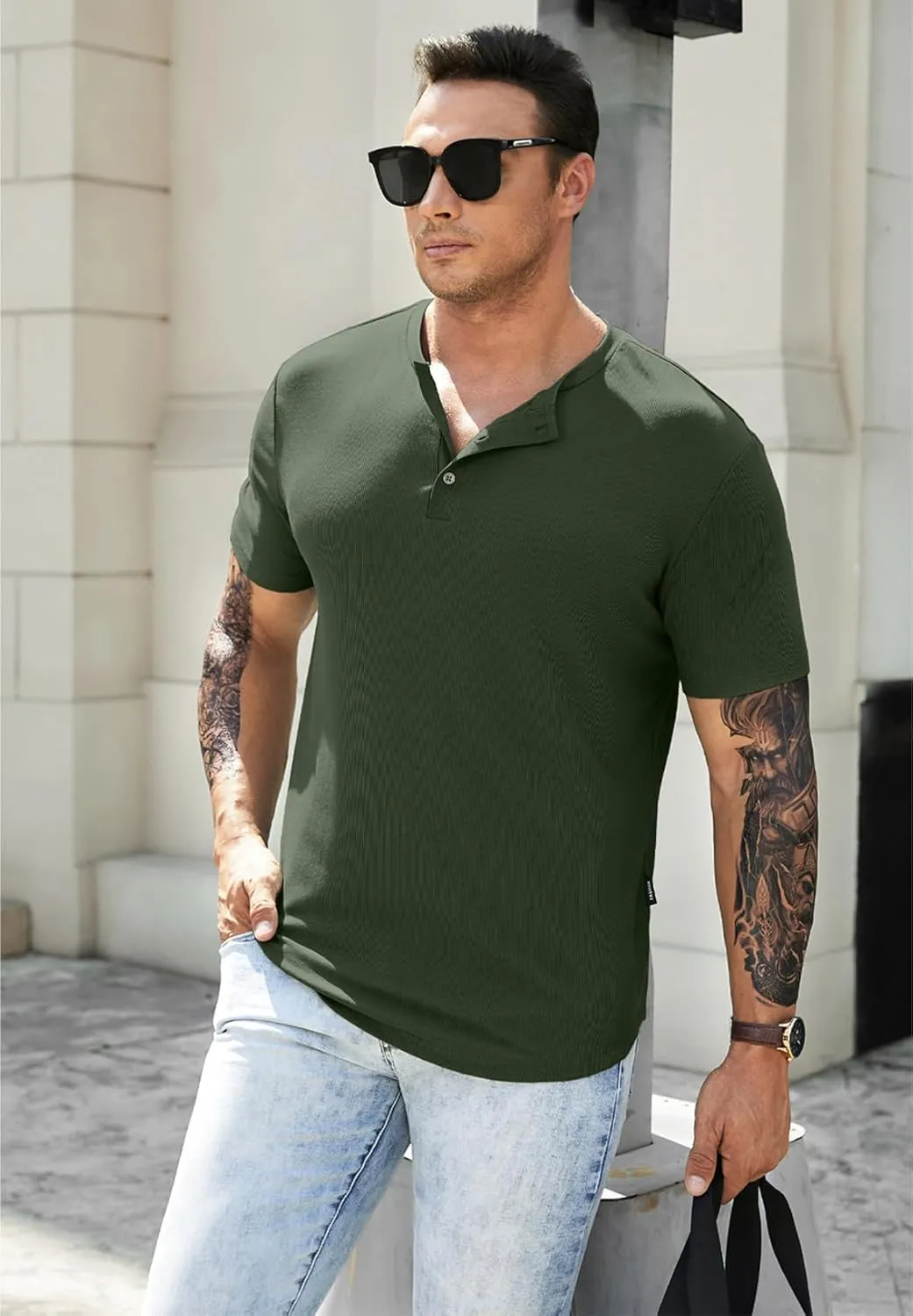 JMIERR Men's Muscle Slim Henley Shirts Crewneck Longline T-Shirt Gym Workout Athletic Shirt Tees with Button