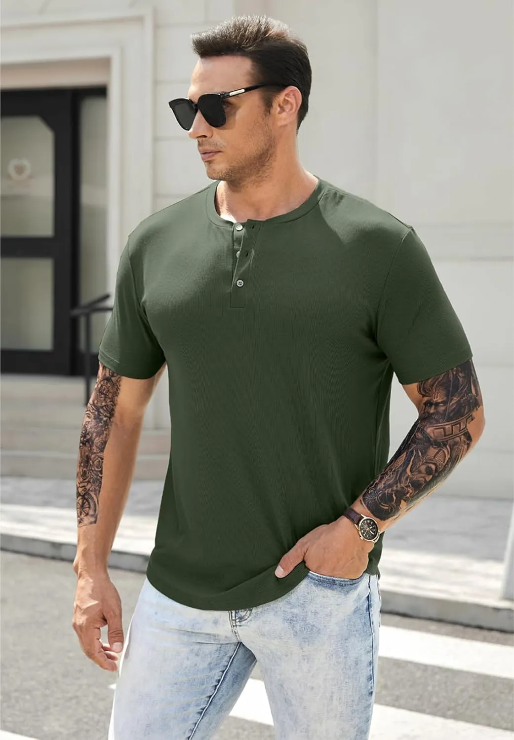 JMIERR Men's Muscle Slim Henley Shirts Crewneck Longline T-Shirt Gym Workout Athletic Shirt Tees with Button