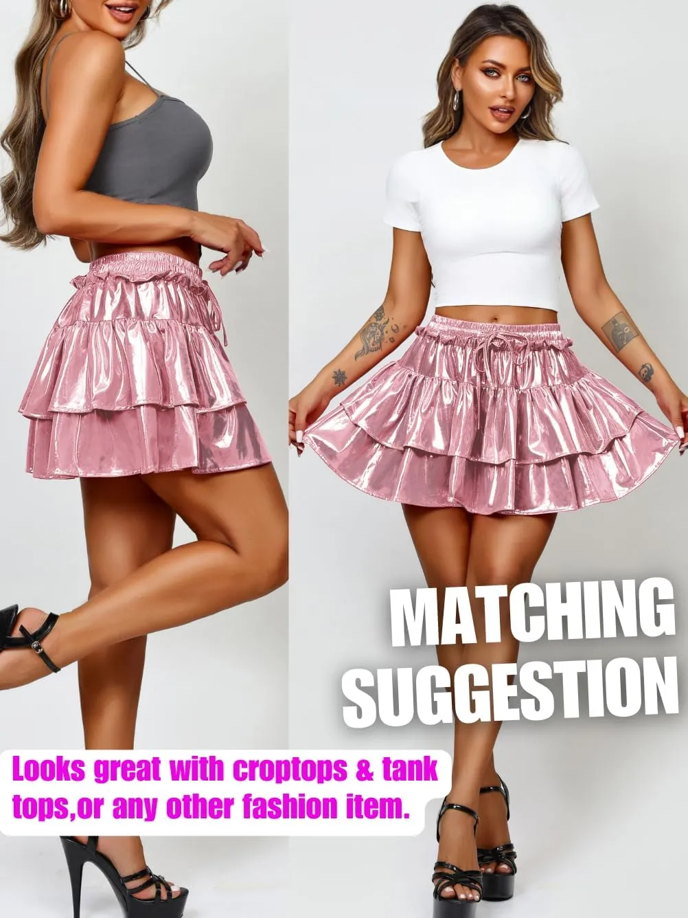 Kaei&Shi Metallic Skirts for Women & Girls & Kids,Pu Leather Layered Mini Skirt