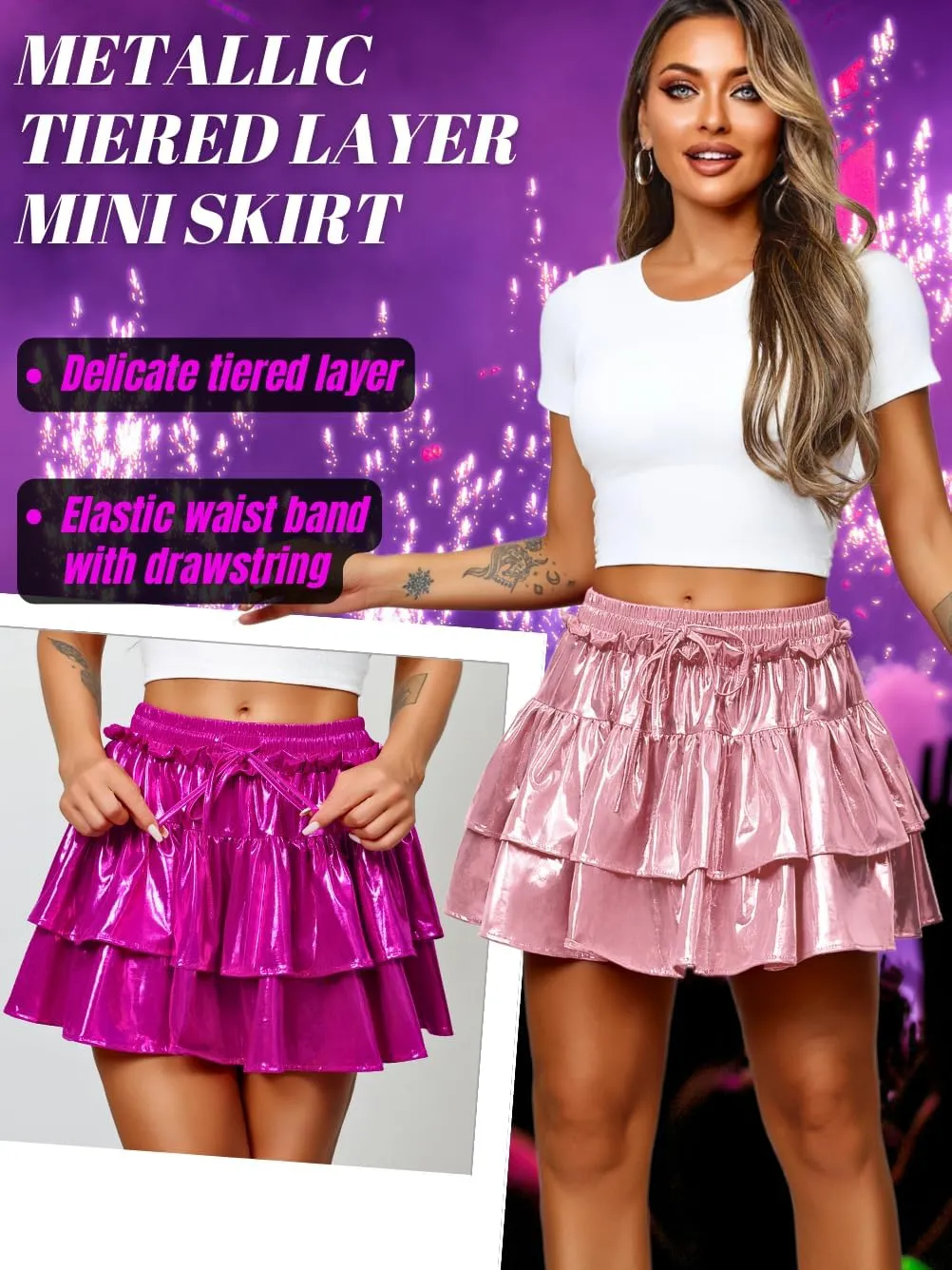 Kaei&Shi Metallic Skirts for Women & Girls & Kids,Pu Leather Layered Mini Skirt