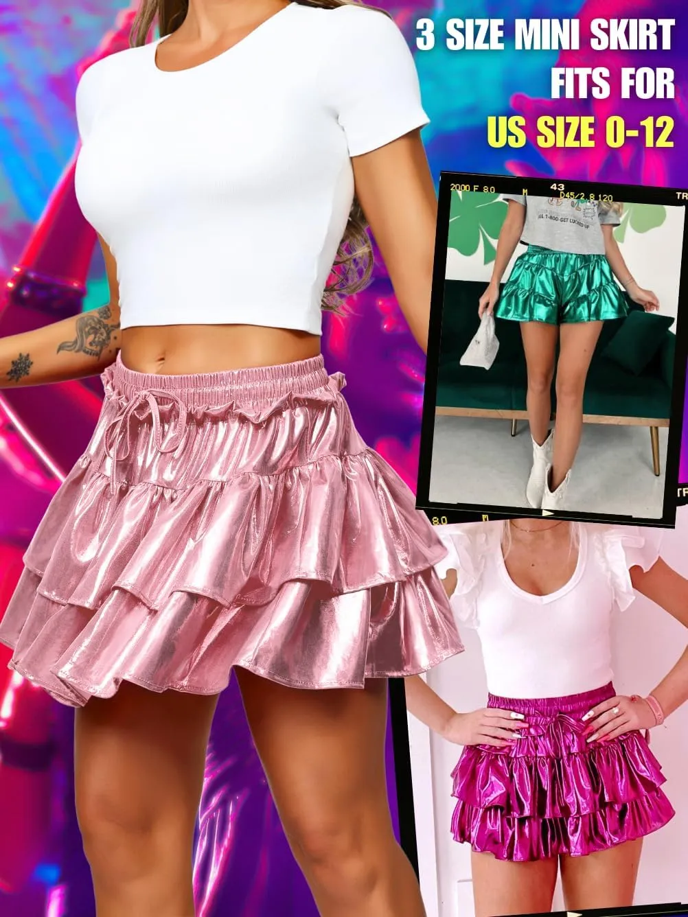 Kaei&Shi Metallic Skirts for Women & Girls & Kids,Pu Leather Layered Mini Skirt