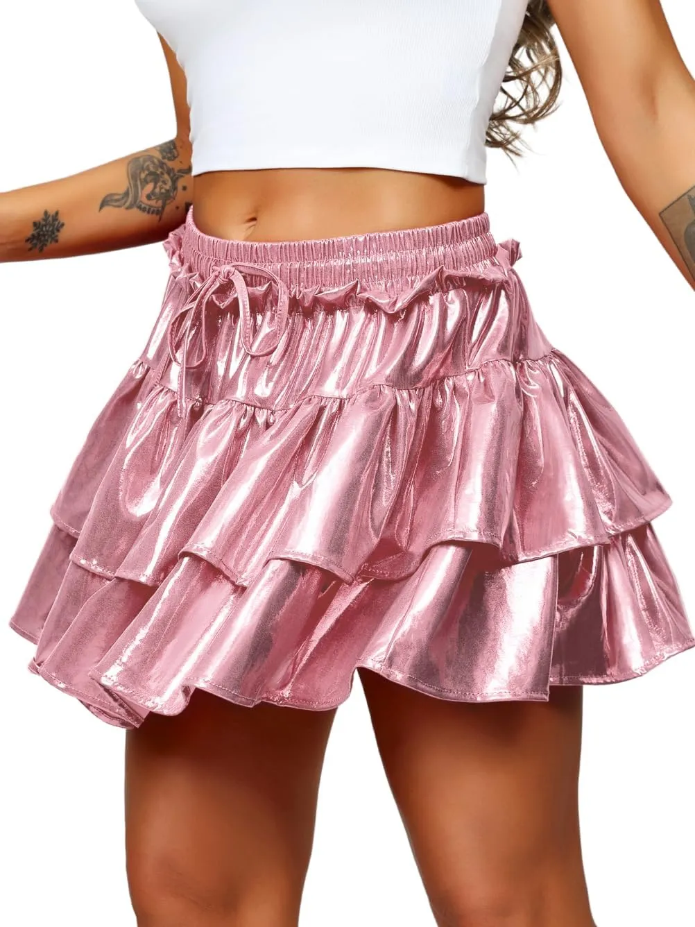 Kaei&Shi Metallic Skirts for Women & Girls & Kids,Pu Leather Layered Mini Skirt