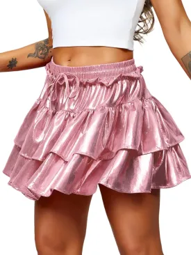 Kaei&Shi Metallic Skirts for Women & Girls & Kids,Pu Leather Layered Mini Skirt
