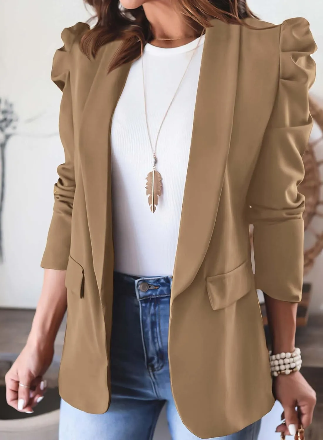 KIRUNDO Women's 2025 Spring Fall Casual Blazers Puff Sleeve Lapel Open Front Work Suit Office Blazer Jackets with Pockets