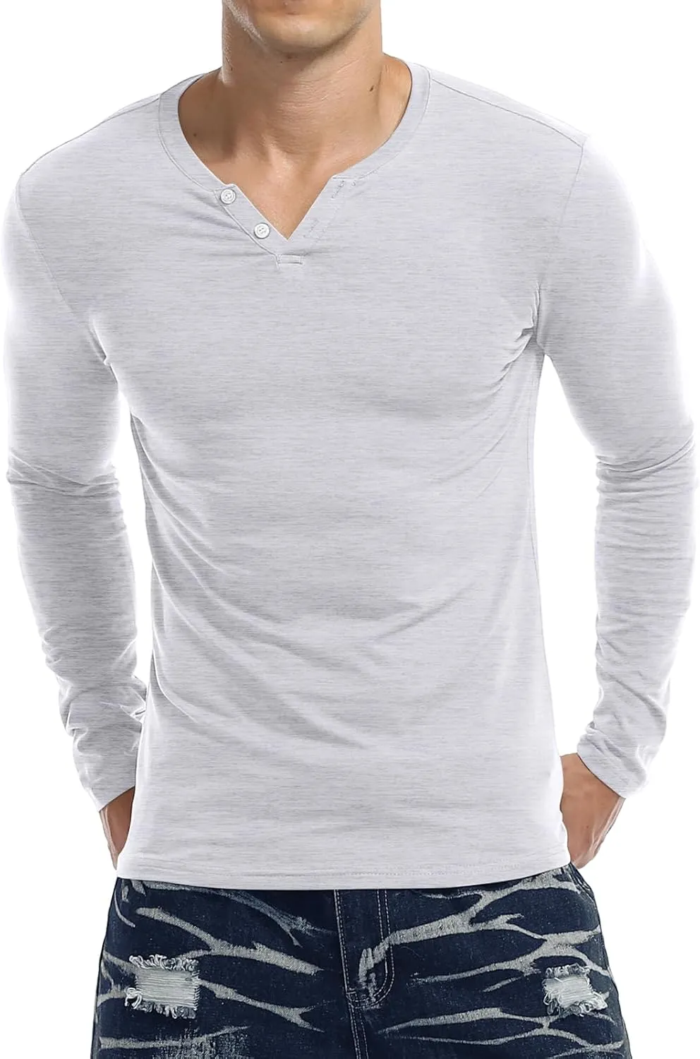 KUYIGO Mens Henley Shirts Slim Fit Long Sleeve Casual Button Fashion Cotton V Neck Tops Tee