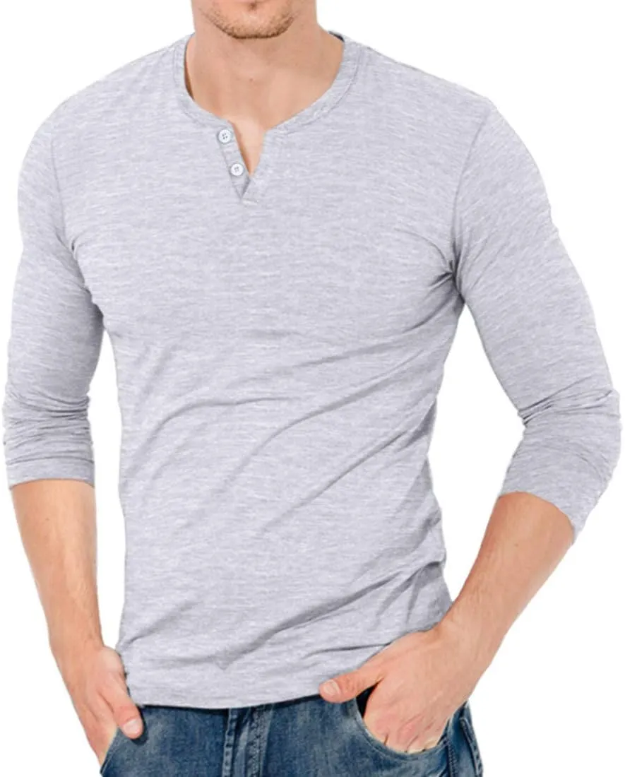 KUYIGO Mens Henley Shirts Slim Fit Long Sleeve Casual Button Fashion Cotton V Neck Tops Tee