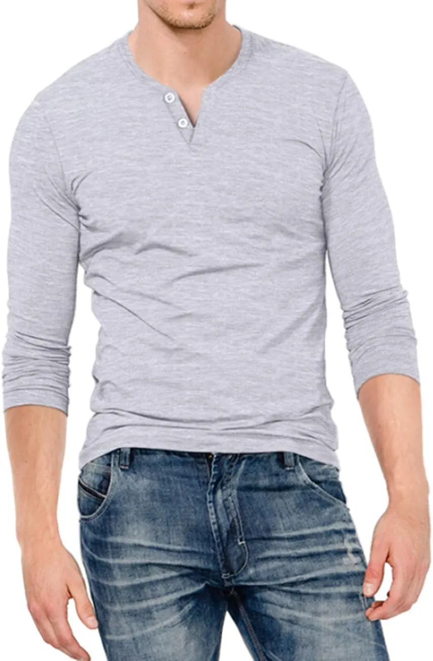 KUYIGO Mens Henley Shirts Slim Fit Long Sleeve Casual Button Fashion Cotton V Neck Tops Tee