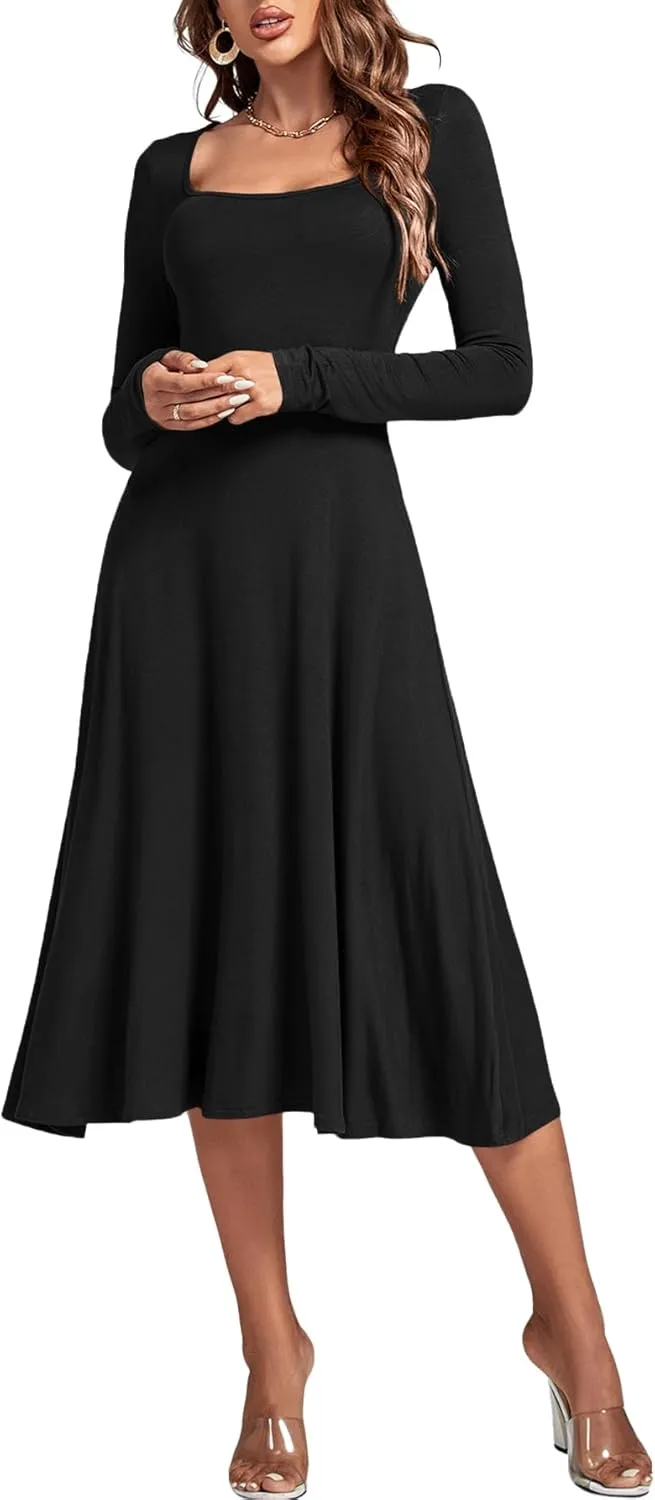 LYANER Women's Square Neck Long Sleeve Empire Waist A Line Flare Solid Midi Dress