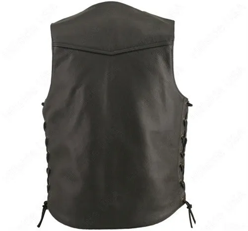Made in USA Black Leather Motorcycle Vest Buffalo Nickel Snaps Solid Back
