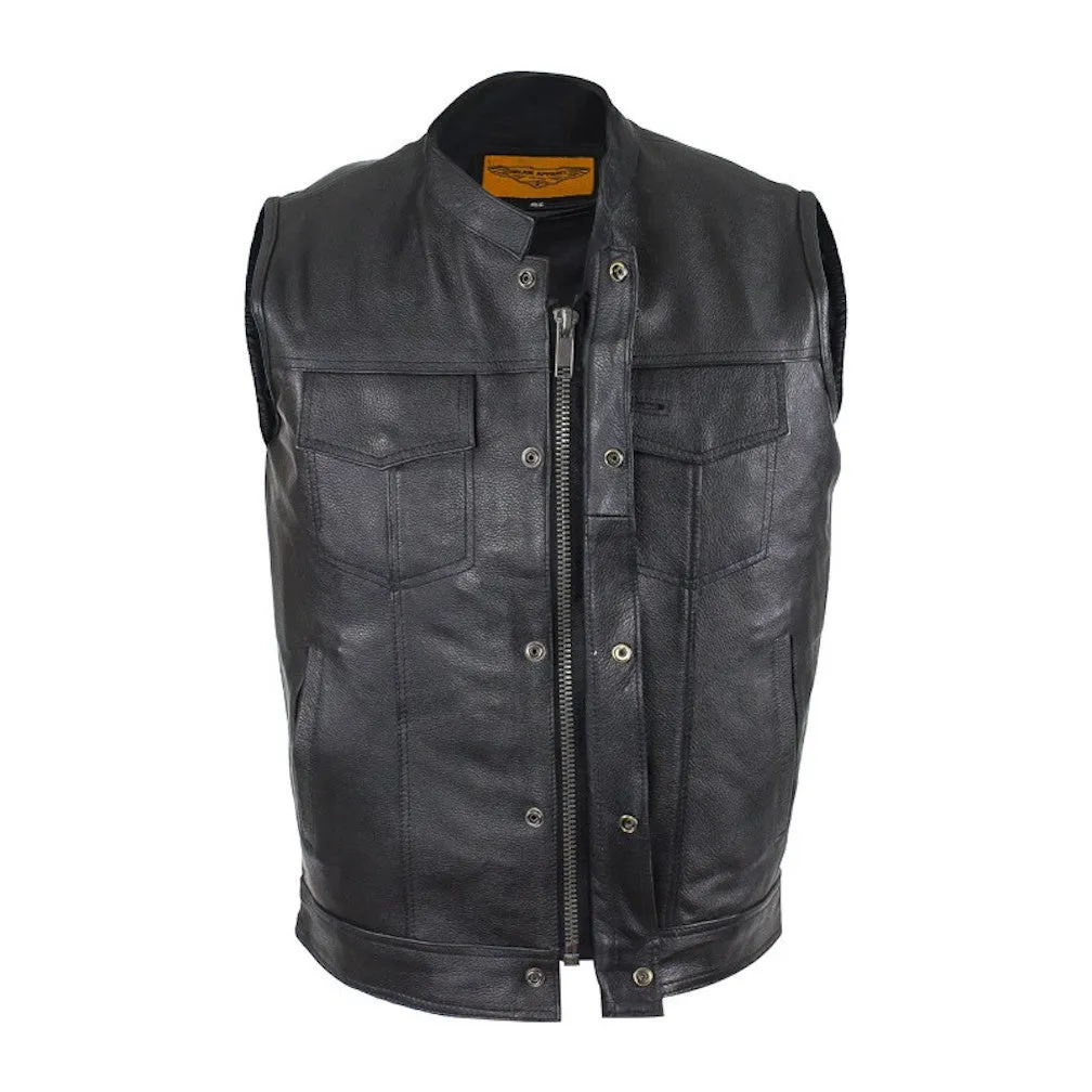 Mens Naked Leather Motorcycle Club Vest Solid Back Concealed Snaps Gun Pockets
