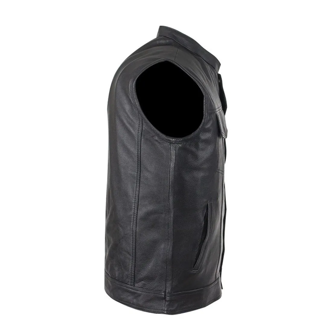 Mens Naked Leather Motorcycle Club Vest Solid Back Concealed Snaps Gun Pockets