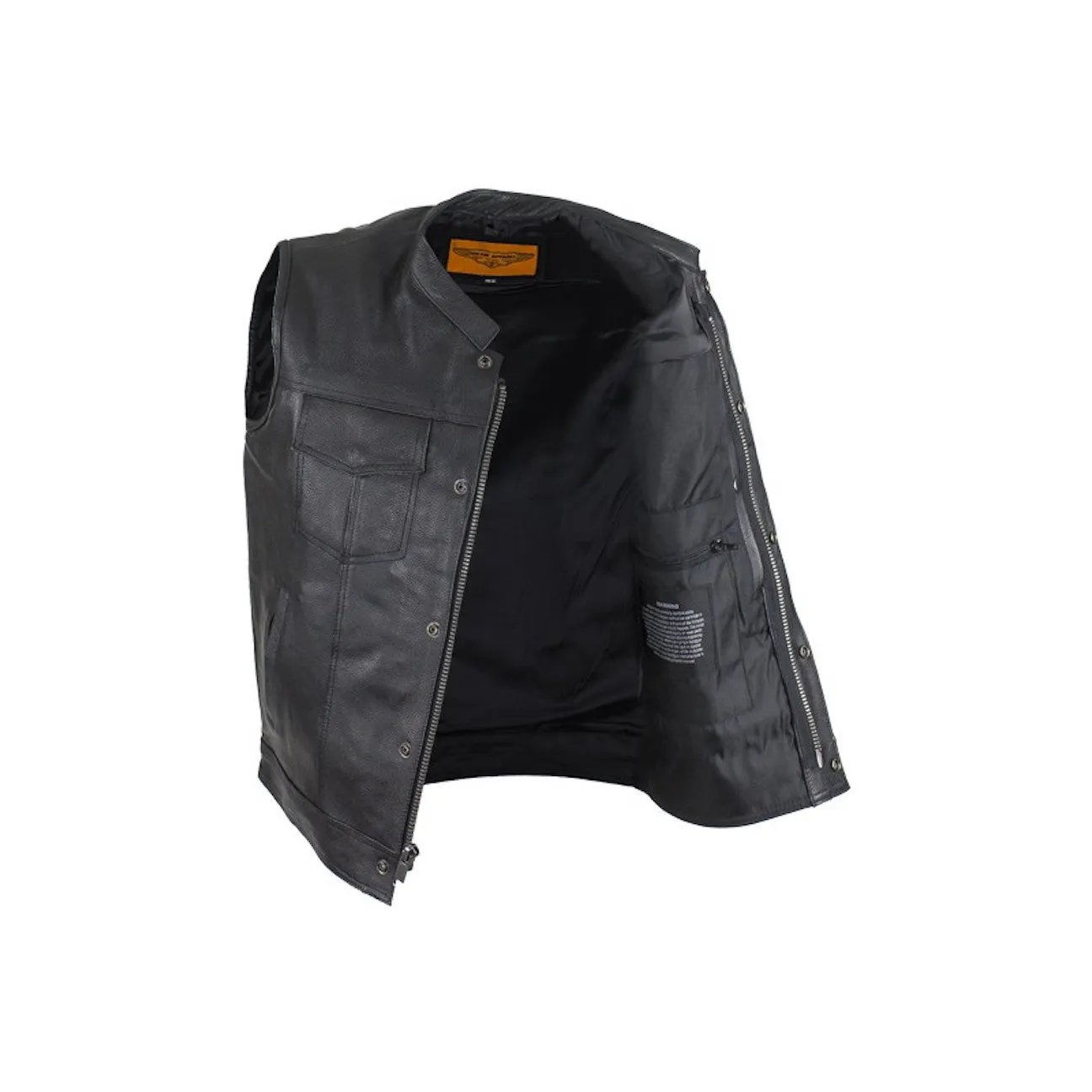 Mens Naked Leather Motorcycle Club Vest Solid Back Concealed Snaps Gun Pockets