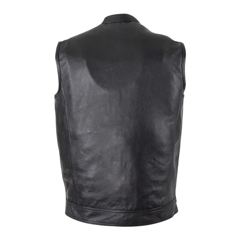 Mens Naked Leather Motorcycle Club Vest Solid Back Concealed Snaps Gun Pockets