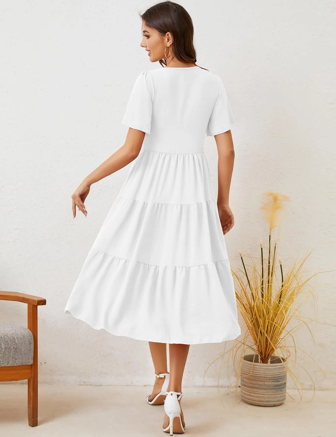MIDNIGHTSUN Women's Smocked Midi Dress V Neck Flutter Short Sleeve Summer Tiered Dress