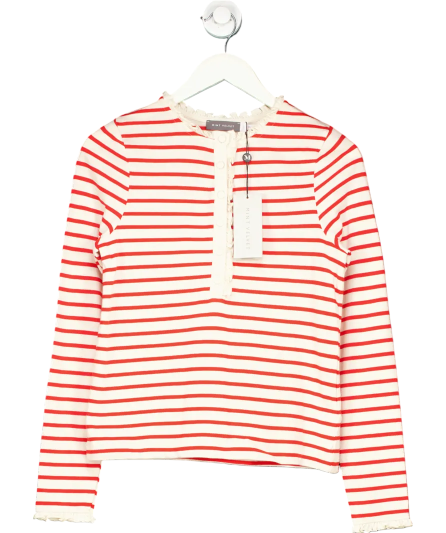 Mint Velvet Red Striped Frill Henley Top UK S