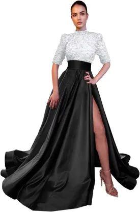Mock Turtle Neck Prom Dresses Half Sleeve Formal Gowns Sequins Satin Evening Dress A-Line Ball Gown Slit JS0005