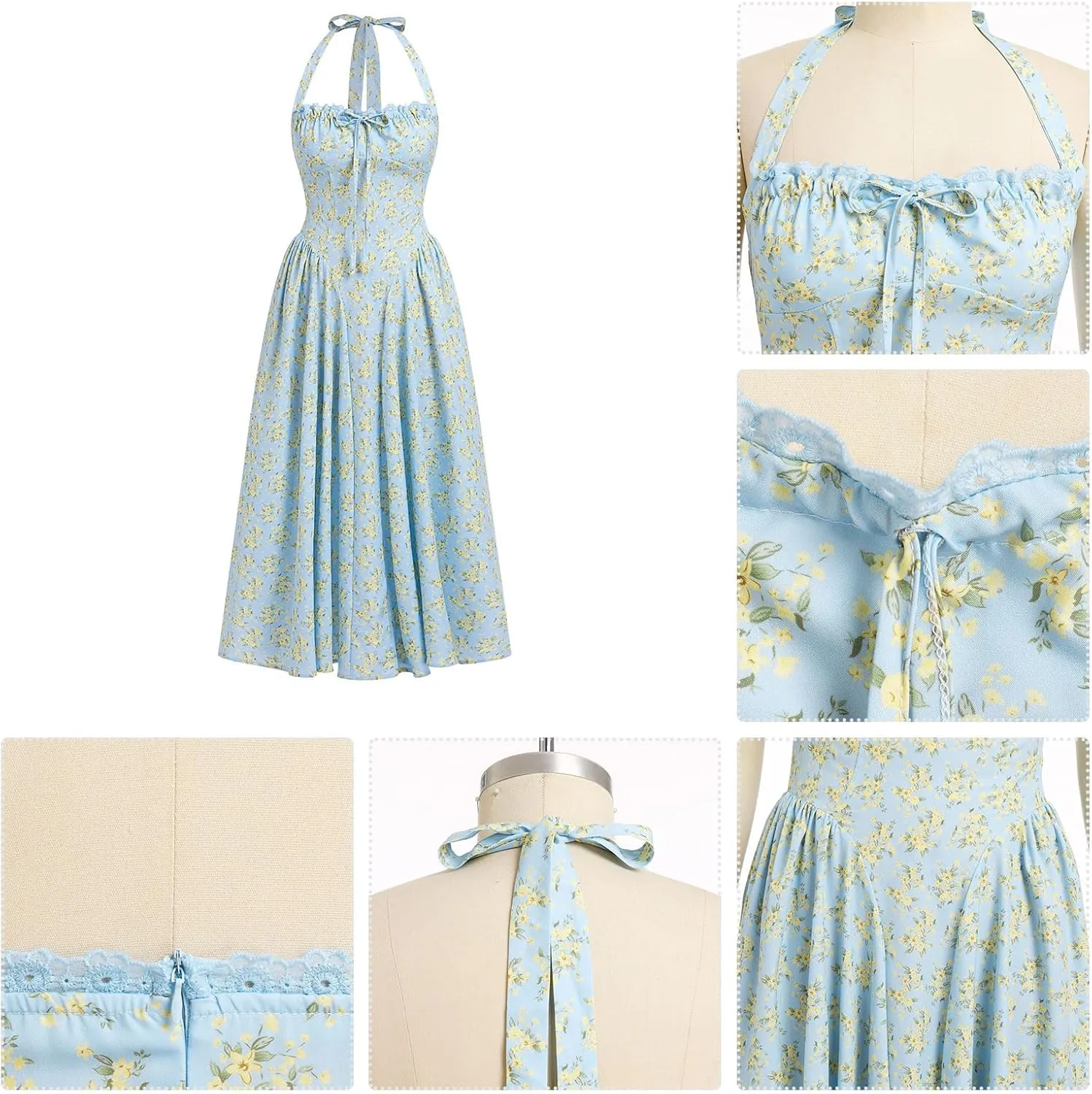 OBEEII Women Floral Corset Dress Halter Neck Low Cut Bustier Midi Dress Flowy Pleated Hem Summer Sundress with Pockets