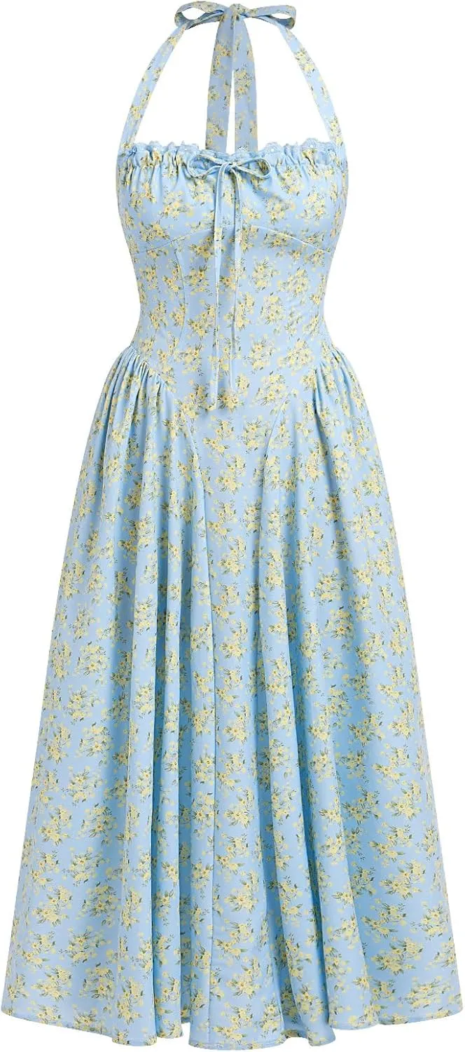 OBEEII Women Floral Corset Dress Halter Neck Low Cut Bustier Midi Dress Flowy Pleated Hem Summer Sundress with Pockets