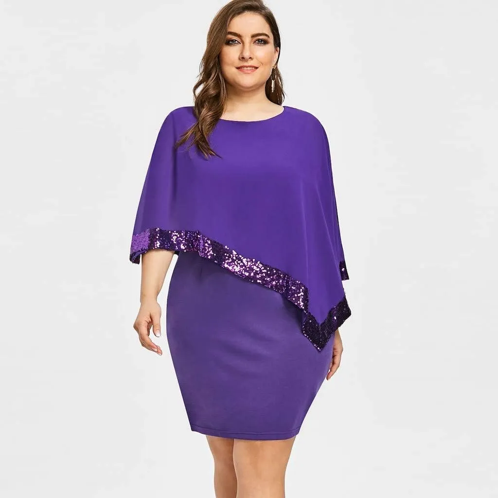 Plus Size Women Dresses Casual Chiffon Overlay Mini Dress Ladder Cut Sequins Evening Dress for Cocktail Party