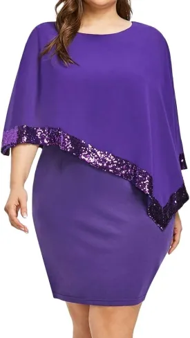 Plus Size Women Dresses Casual Chiffon Overlay Mini Dress Ladder Cut Sequins Evening Dress for Cocktail Party