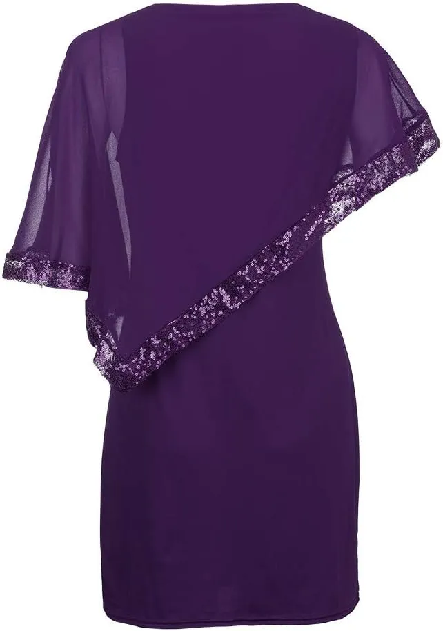 Plus Size Women Dresses Casual Chiffon Overlay Mini Dress Ladder Cut Sequins Evening Dress for Cocktail Party