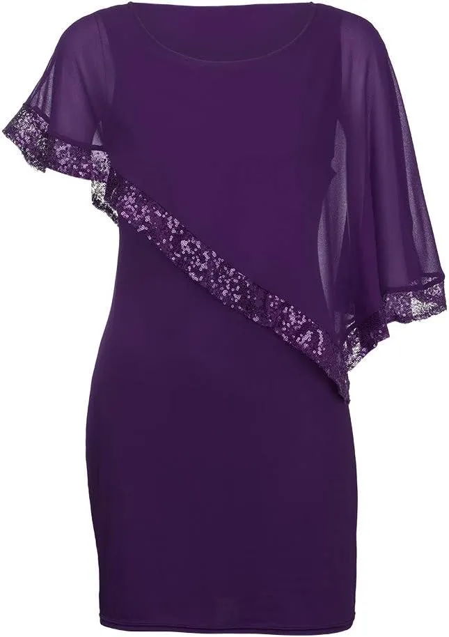 Plus Size Women Dresses Casual Chiffon Overlay Mini Dress Ladder Cut Sequins Evening Dress for Cocktail Party