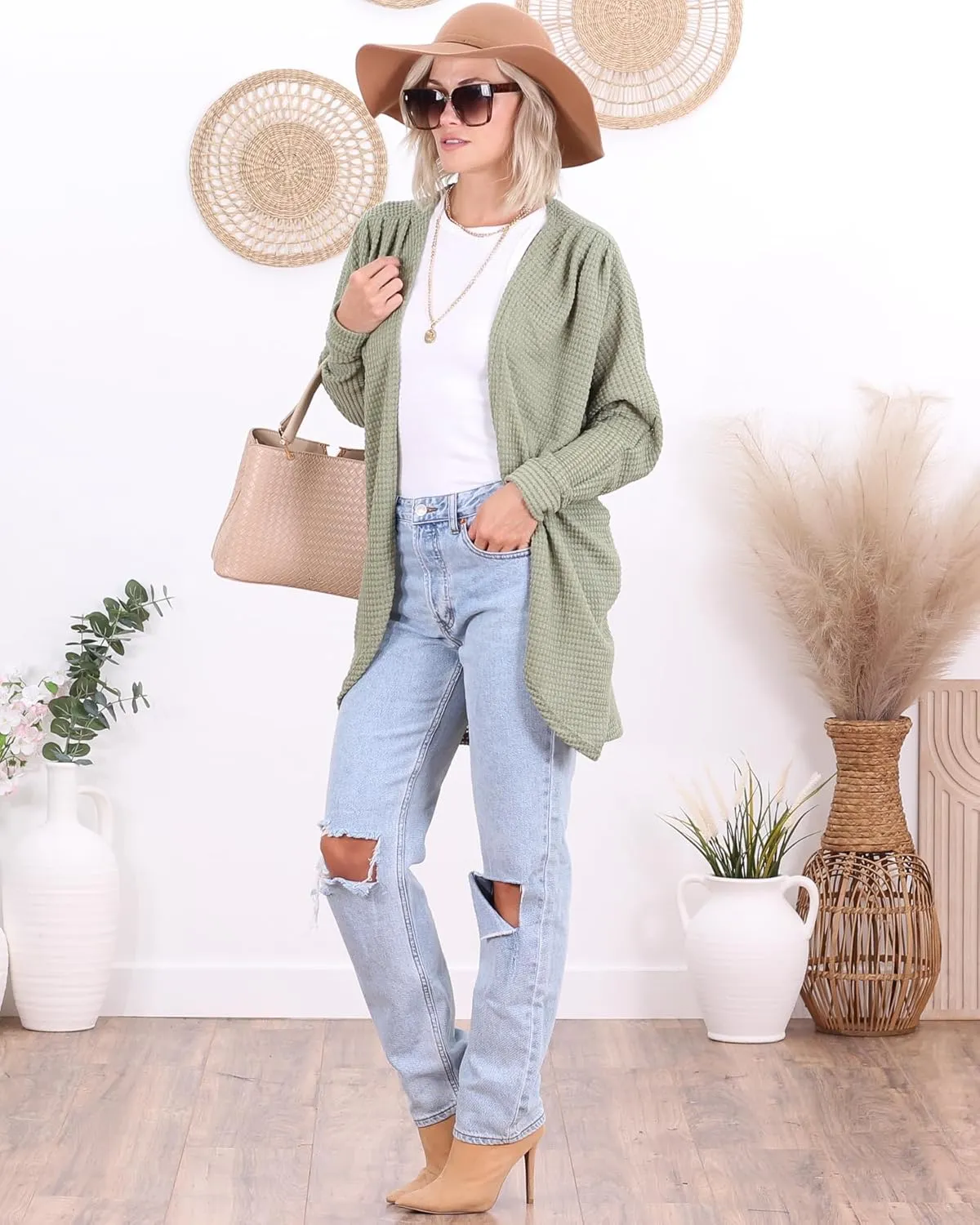 Popana Long Oversized Fall Batwing Waffle Knit Cardigan Sweaters for Women with Pockets Plus Size